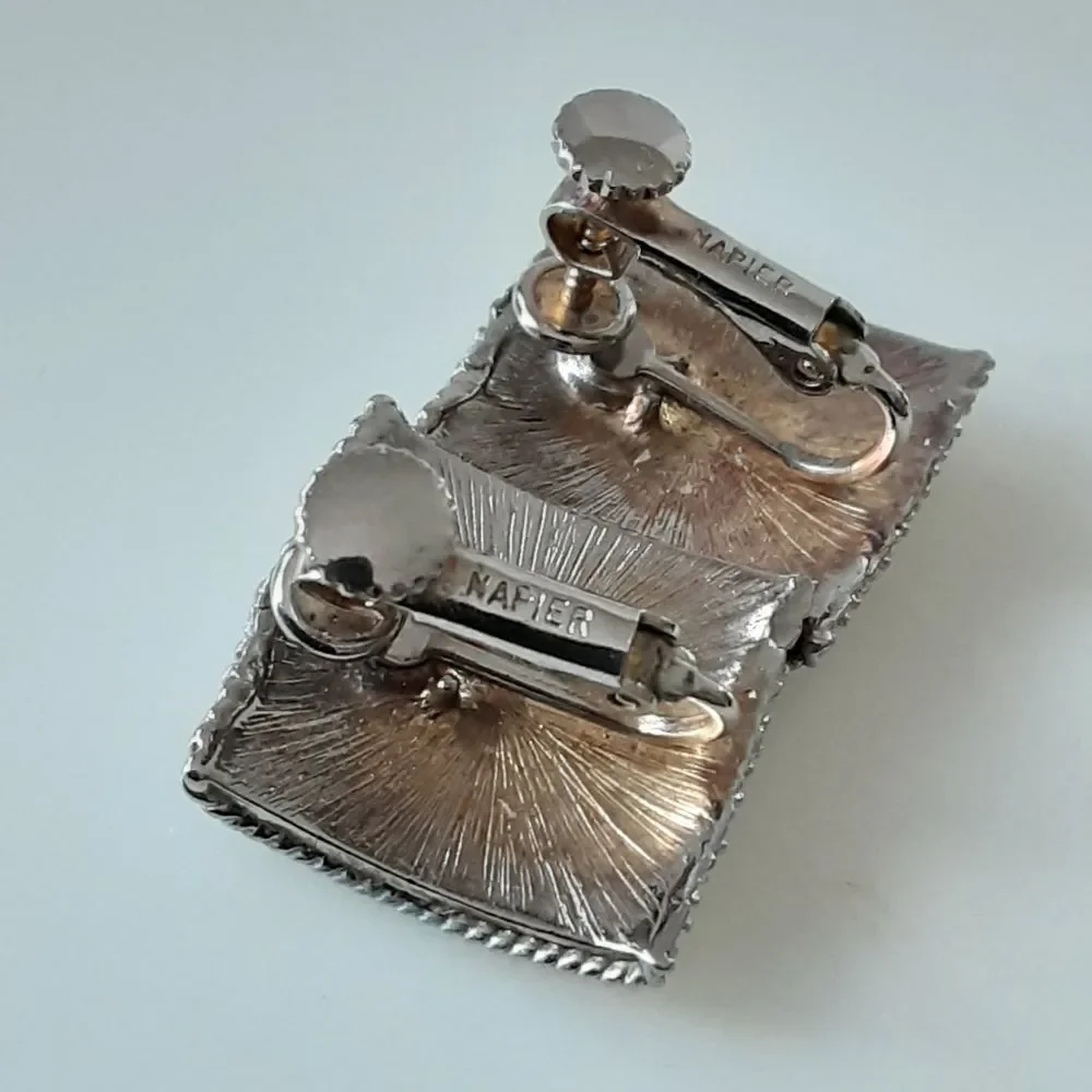NAPIER Ribbed Silver Tone Square Screw Back Clip On Earrings